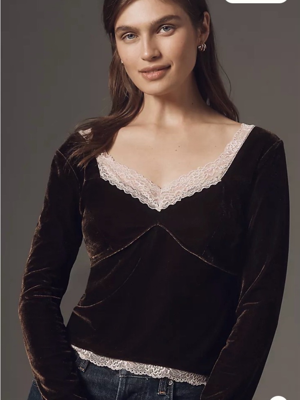 Anthropologie Brown Velvet V-Neck Cami with Pink Lace Trim